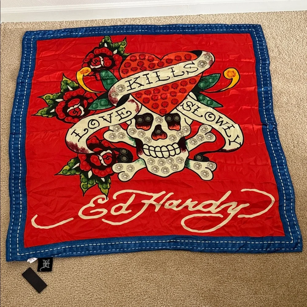 Ed Hardy Red Multicolor Skull Graphic Scarp “Love Kills Slowly”- NWT